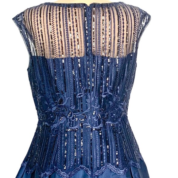 Adrianna Papell Lace Sequin Taffeta Cocktail Dress 10 Knee Length Fit Flare Navy - Picture 9 of 12